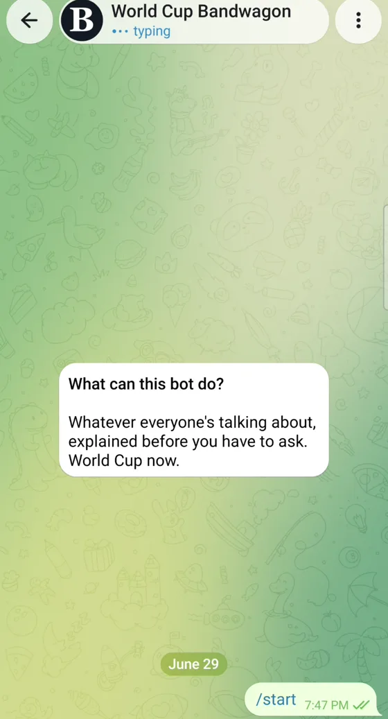 The Bandwagon bot on Telegram introducing itself: whatever everyone's talking about, explained before you have to ask.