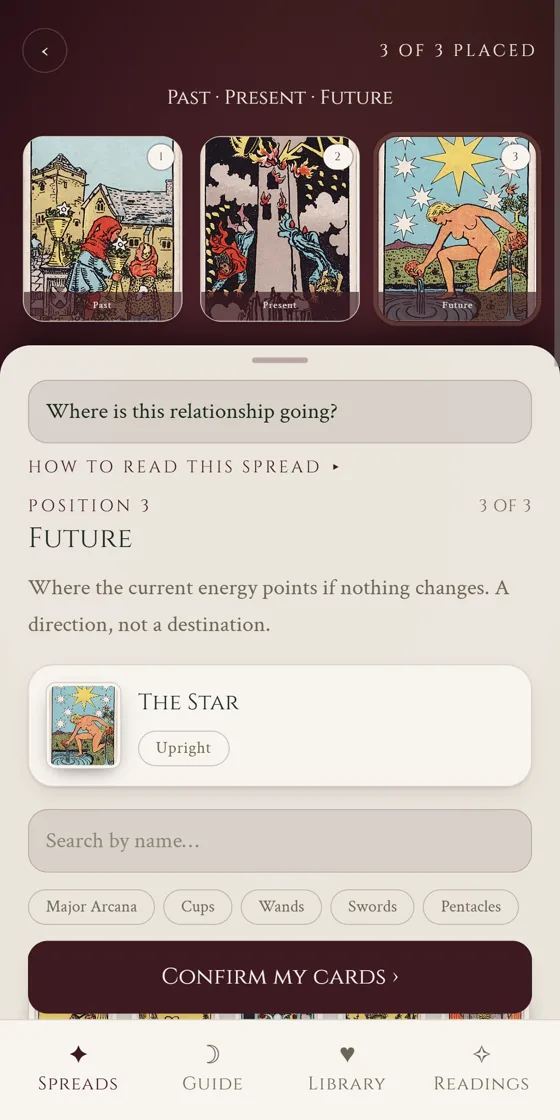 A Past, Present, Future spread in Deckside with all three cards placed, The Star chosen for the Future position