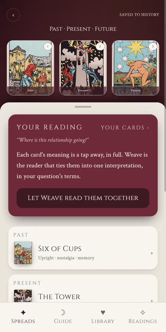 A saved Past, Present, Future reading in Deckside for the question: where is this relationship going?