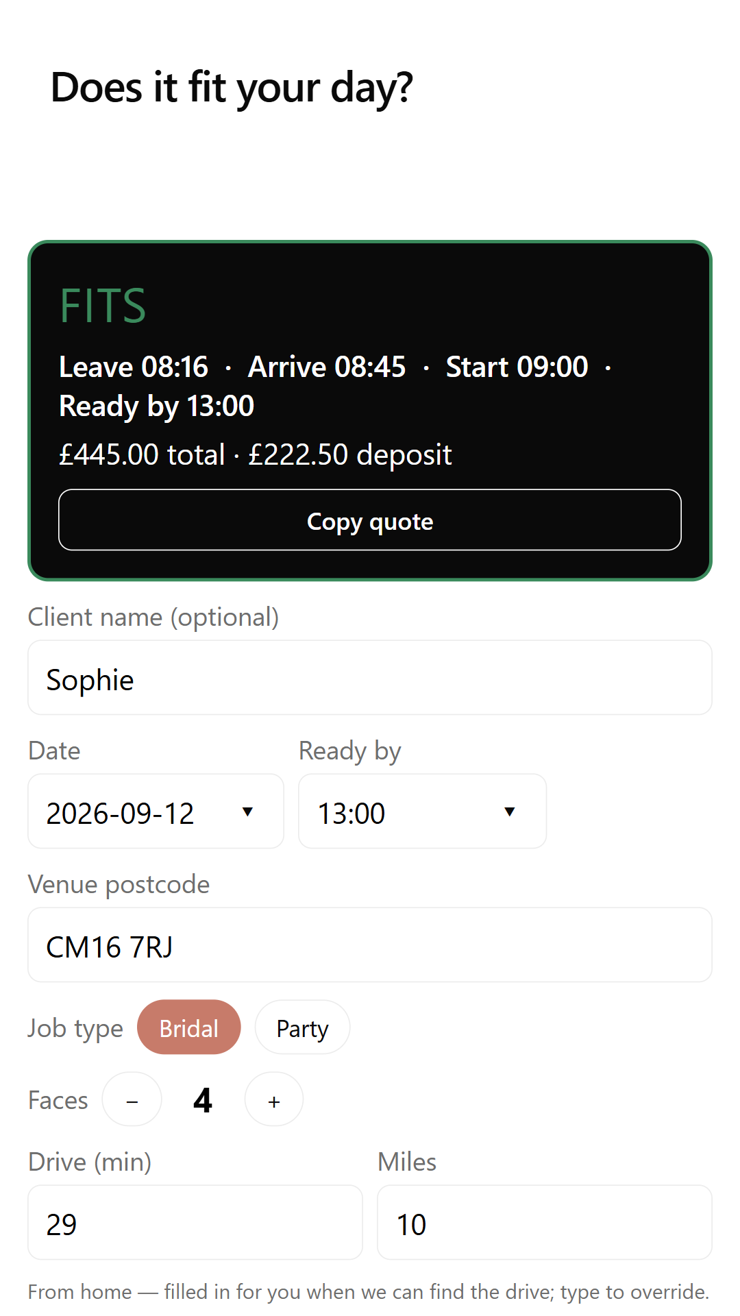 MUADesk answer card reading Fits, with the leave, arrive, start and ready-by times and the quote total and deposit underneath