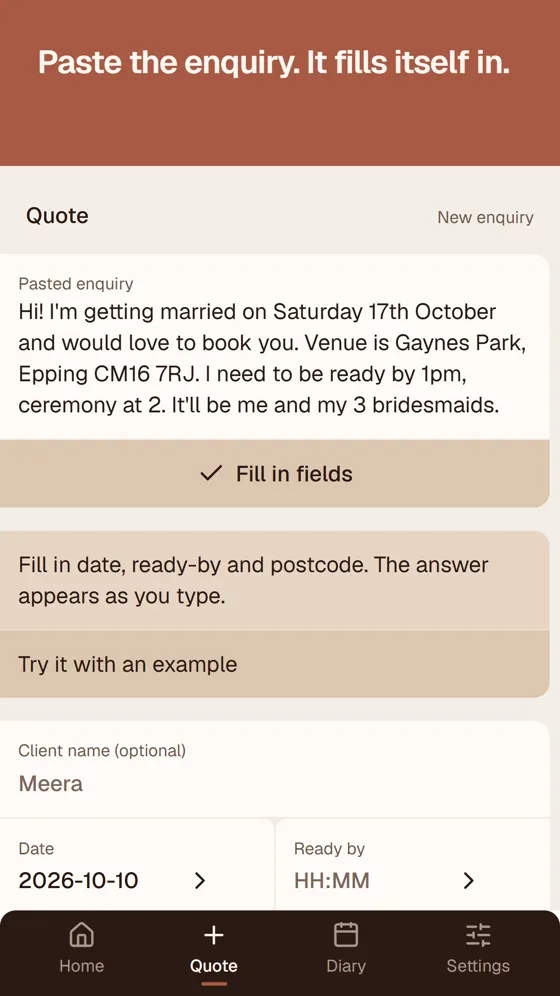 MUADesk Quote screen: a bride's pasted enquiry with the date, venue postcode, ready-by time and number of faces, and a Fill in fields button.
